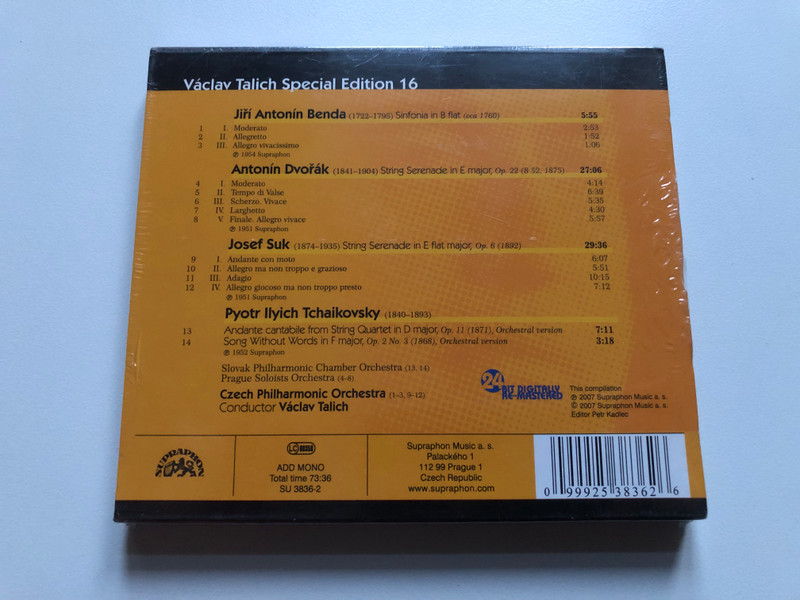 Václav Talich - Benda: Sinfonia in B flat, Dvořák: Serenade in E, Suk: Serenade in E flat, Tchaikovsky: Andante cantabile, Song without Words - Czech Philharmonic Orchestra, Prague Soloists Orchestra / Supraphon Audio CD Mono 2007 / SU 3836-2