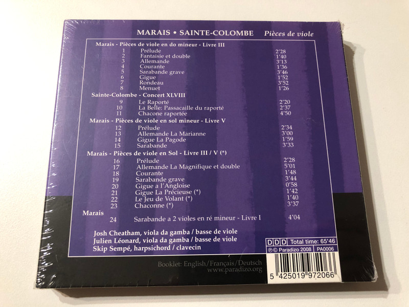 Marais, Sainte-Colombe: Pièces de Viole - Josh Cheatham, Julien Léonard, Skip Sempé / Paradizo Audio CD + DVD 2008 / PA0006