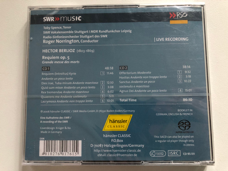 Hector Berlioz: Requiem - Toby Spence (tenor), SWR Vokalensemble Stuttgart, MDR Rundfunkchor Leipzig, Radio-Sinfonieorchester Stuttgart des SWR, Roger Norrington / Hänssler Classic 2x Audio CD 2006 / CD 93.131