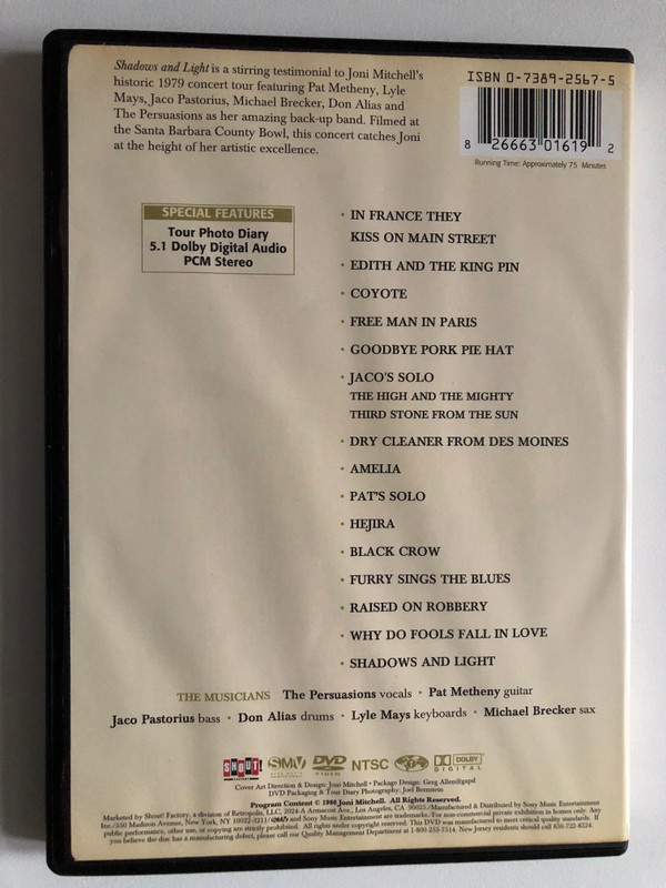 Joni Mitchell: Shadows and Light / FEATURING THE PERSUASIONS, PAT METHENY, JACO PASTORIUS, LYLE MAYS, MICHAEL BRECKER & DON ALIAS / DVD Video (826663016192)