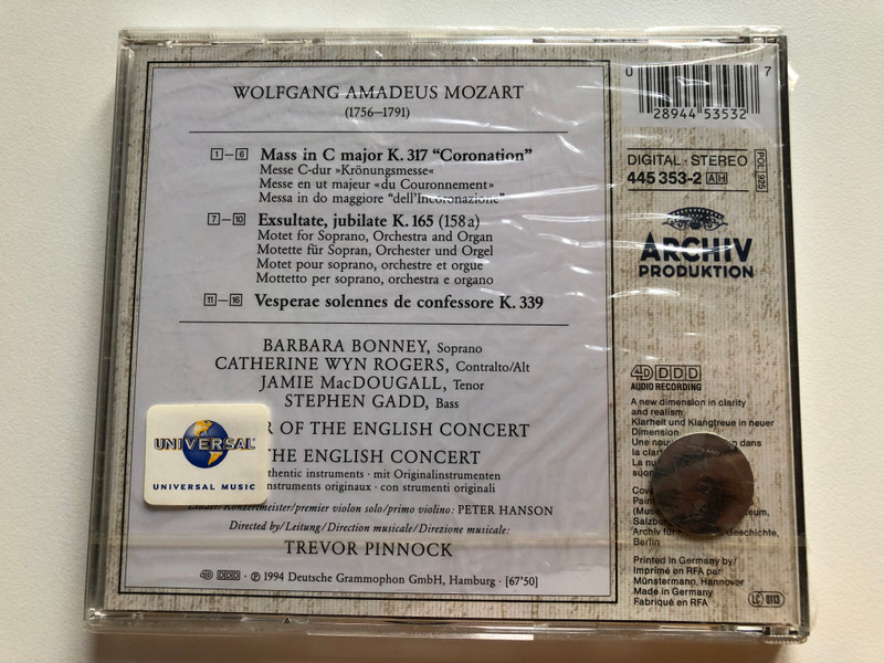 Mozart - Coronation Mass; Exsultate, Jubilate; Vesperae Solennes - Barbara Bonney, Catherine Wyn Rogers, Jamie MacDougall ∙ Stephen Gadd, The English Concert & Choir, Trevor Pinnock / Archiv Produktion Audio CD 1994 Stereo / 445 353-2