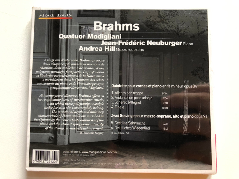 Brahms - Quatuor Modigliani, Jean-Frédéric Neuburger, Andrea Hill / Mirare Audio CD 2010 / MIR 130