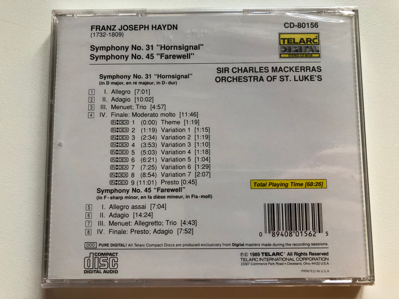 Haydn: Symphonies 31"Hornsignal", Symphony No. 45 "Farewell" - Sir Charles Mackerras, Orchestra Of St. Luke's / Telarc Audio CD 1989 / CD-80156