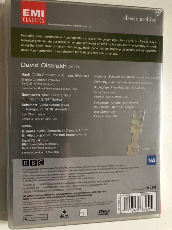 David Oistrakh / Bach Violin Concerto in A minor / Beethoven Violin Sonata No.5 "Spring" / Prokofiev Five Melodies, Op.35bis, etc. / Classic Archive / EMI Classics (724349283695)