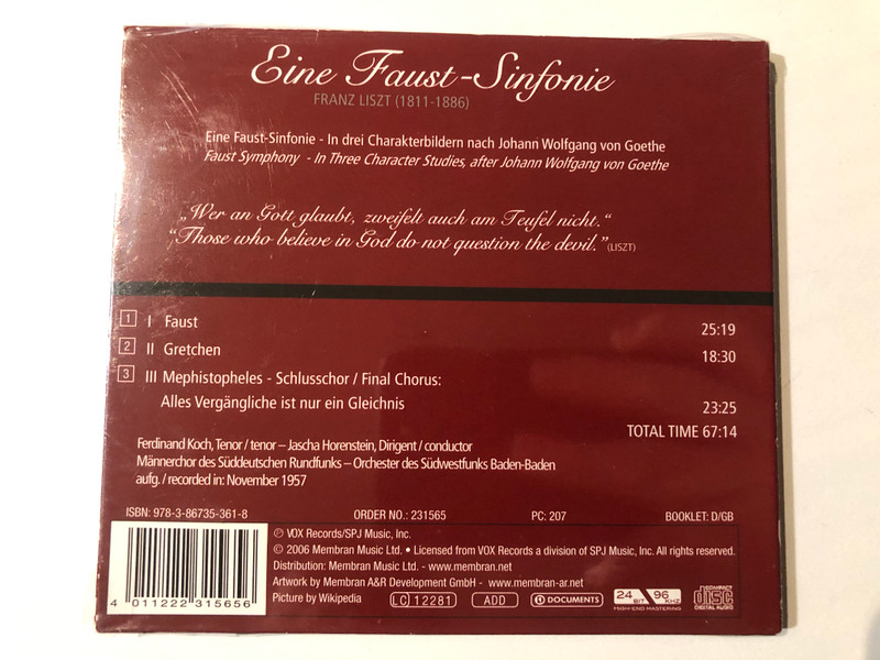 Franz Liszt: Eine Faust-Sifonie - Ferdinand Koch, Mannerchor Des Suddeutschen Rundfunks, Orchester Des Sudwestfunks Baden-Baden, Jascha Horenstein / VOX Records Audio CD 2006 / 231565
