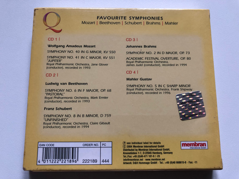 Favourite Symphonies: Mozart, Beethoven, Brahms, Mahler / Quadromania / membran International 4x Audio CD 2004 / 222189-444