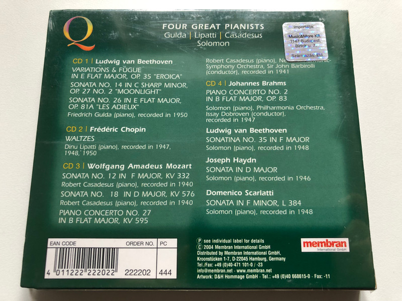 Four Great Pianists - Gulda, Lipatti, Casadesus, Solomon / Quadromania / Membran International 4x Audio CD 2004 / 222202-444