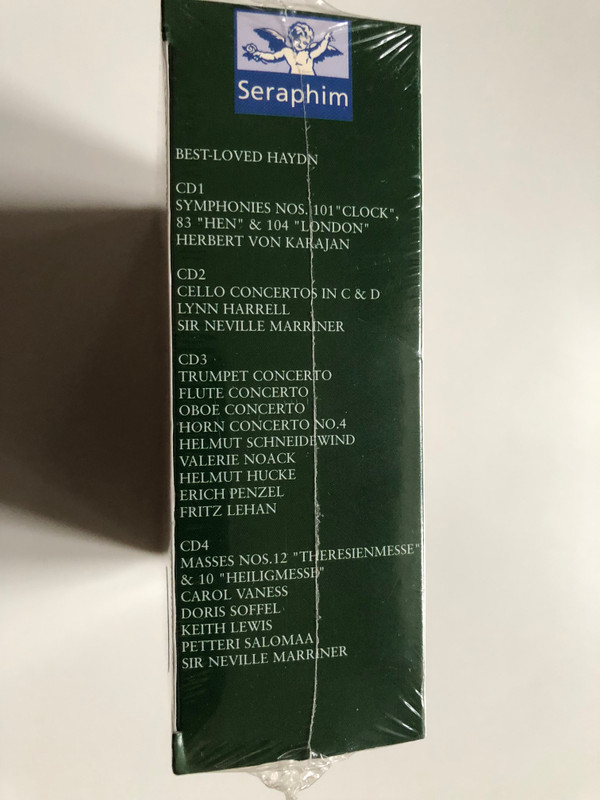 Best-loved Haydn - Symphonies Nos. 83 Hen, 101 Clock, 104 London; Concertos for cello, trumpet, flute, oboe, horn; Theresienmesse; Heiligmesse - Harell, Marriner, Karajan, Lehan / Seraphim / EMI Records 4x Audio CD 1998 / 724356954120