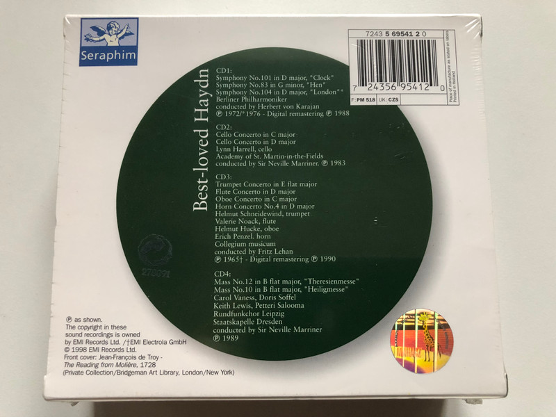 Best-loved Haydn - Symphonies Nos. 83 Hen, 101 Clock, 104 London; Concertos for cello, trumpet, flute, oboe, horn; Theresienmesse; Heiligmesse - Harell, Marriner, Karajan, Lehan / Seraphim / EMI Records 4x Audio CD 1998 / 724356954120