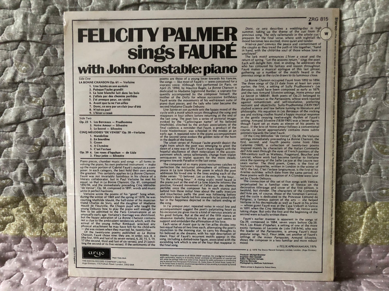 Felicity Palmer sings FAURE - with John Constable (piano) / Argo LP Stereo 1976 / ZRG 815