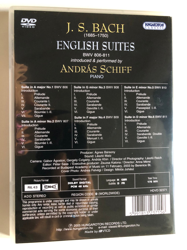 J. S. Bach - English Suites BWV 806-811 DVD 2005 inroduced & performed by András Schiff, piano / Live recording / Hungaroton classic HDVD 32371 (5991813237156)