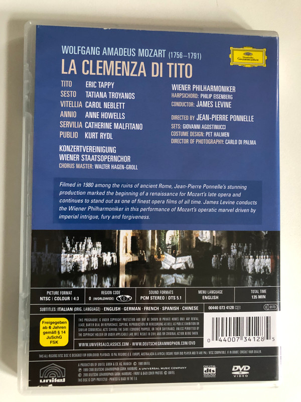 MOZART - LA CLEMENZA DI TITO / TROYANOS, NEBLETT, MALFITANO, HOWELLS, TAPPY, RYDL / JAMES LEVINE / DIRECTED BY JEAN-PIERRE PONNELLE / DVD Video (044007341285)