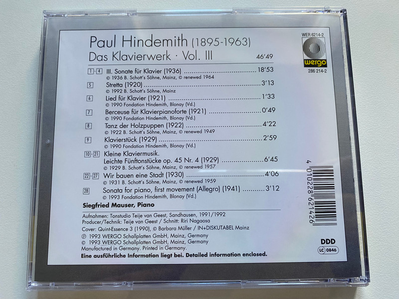 Paul Hindemith: Das Klavierwerk - Vol. III - Siegfried Mauser (piano) / WERGO Schallplatten GmbH Audio CD 1993 / WER 6214-2