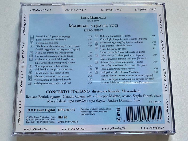 Luca Marenzio: Madrigali A Quatro Voci (Libro Primo 1585) - Concerto Italiano, Rinaldo Alessandrini / Opus 111 Audio CD 1994 / OPS 30-117