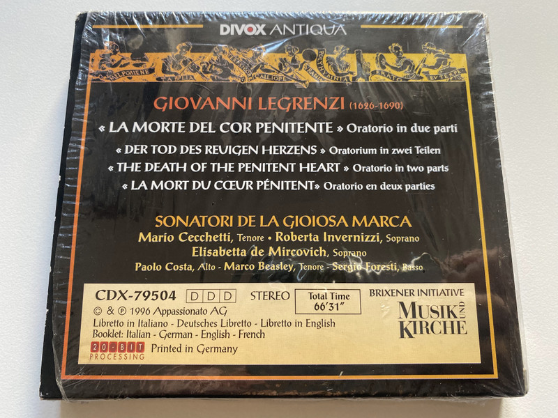 Giovanni Legrenzi: "La Morte Del Cor Penitente" Oratorio In Two Parts - Sonatori De La Gioiosa Marca, Mario Cecchetti, Roberta Invernizzi, Elisabetta De Mircovich / Divox Antiqua / Divox Audio CD 1996 Stereo / CDX 79504