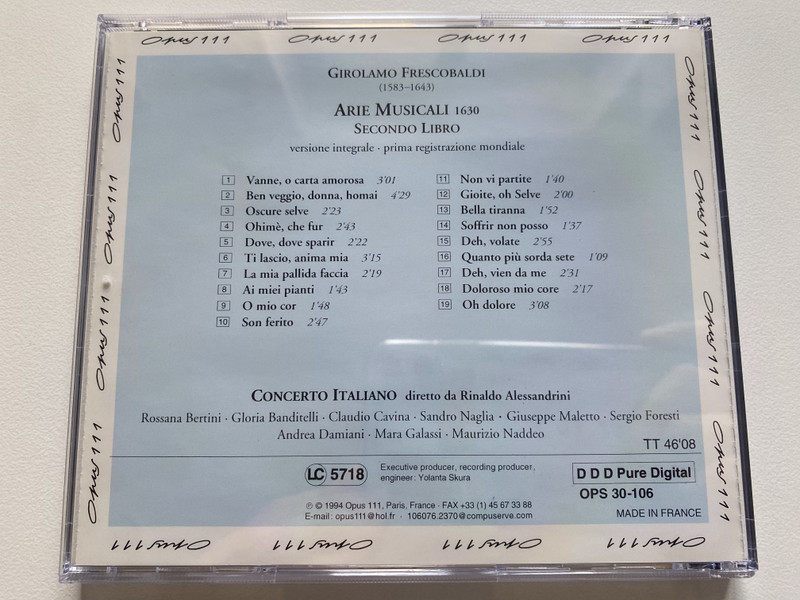 Girolamo Frescobaldi: Arie Musicali (Secondo Libro) - Concerto Italiano, Rinaldo Alessandrini / Opus 111 Audio CD 1994 / OPS 30-106