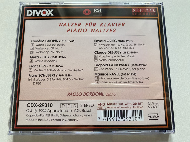 Paolo Bordoni (piano) – Valses / Divox Audio CD Stereo 1994 / CDX 29310