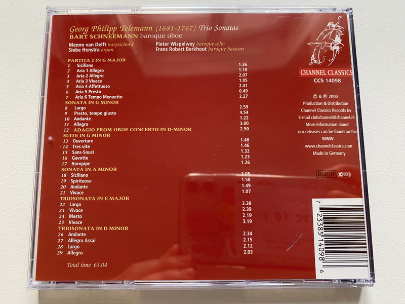 Telemann Trio Sonatas - Bart Schneemann (baroque oboe), Pieter Wispelwey (baroque cello), Menno Van Delft (harpsichord) / Channel Classics Audio CD 2000 / CCS 14098 