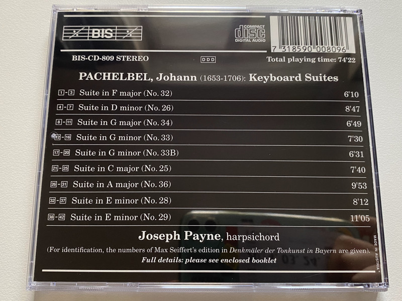 Johann Pachelbel: Keyboard Suites - Joseph Payne (harpsichord) / BIS Audio CD Stereo / BIS-CD-809