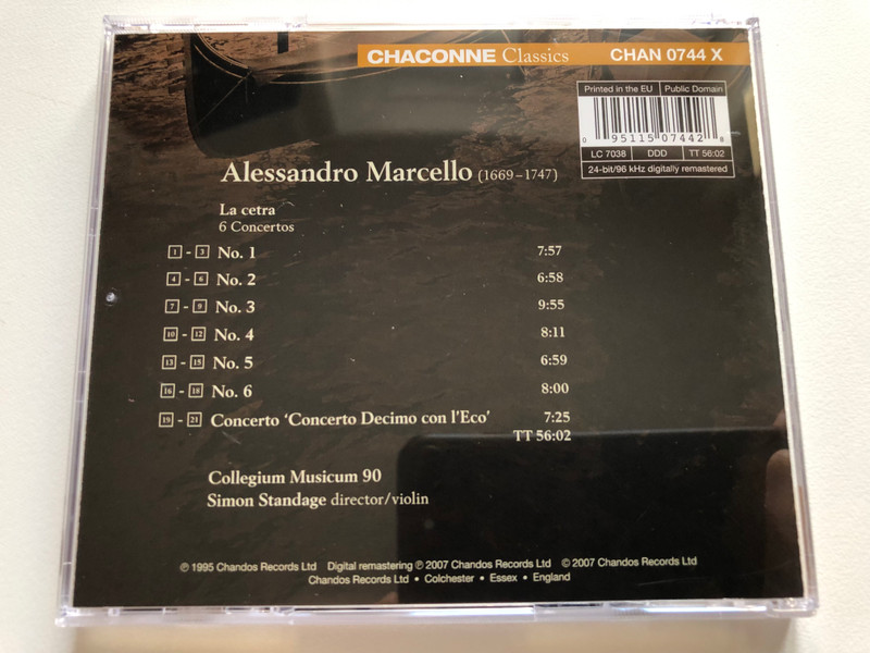 Alessandro Marcello: 'La Cetra' Concertos - Collegium Musicum 90, Simon Standage / Chandos Early Music / Chaconne Audio CD 2007 / CHAN 0744 X 