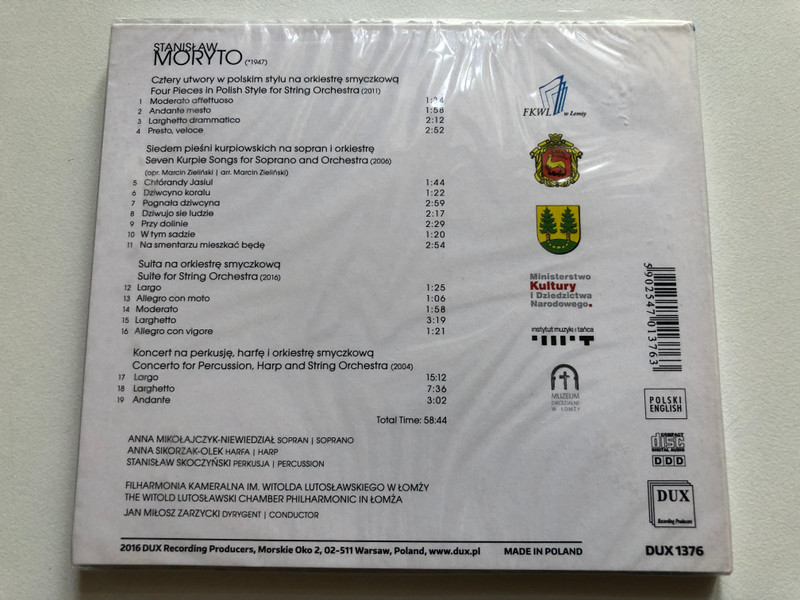 Stanisław Moryto - Anna Mikołajczyk-Niewiedział (soprano), Anna Sikorzak-Olek (harp), Stanisław Skoczyński (percussion), Lomza Chamber Philharmonic, Jan Miłosz Zarzycki (conductor) / DUX Recording Producers Audio CD 2016 / DUX 1376