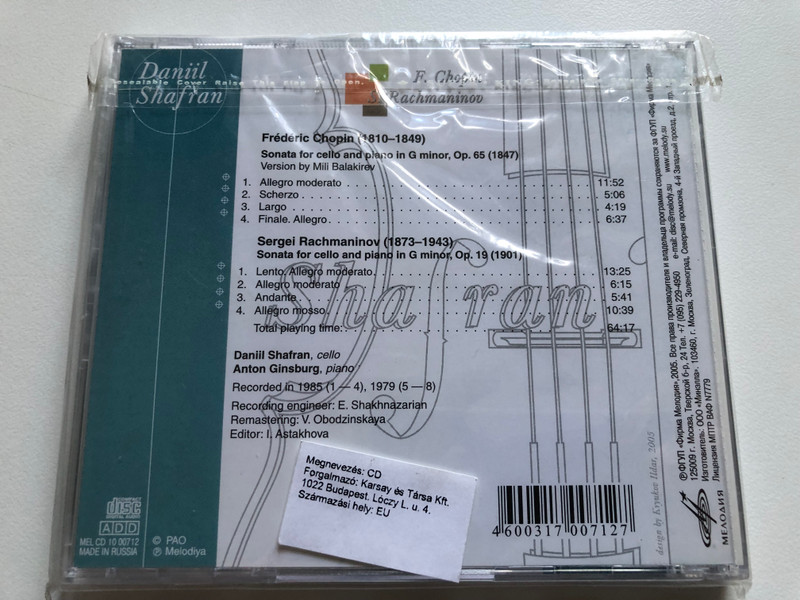 Daniil Safran (cello) = Даниил Шафран – F. Chopin, S. Rachmaninov / Мелодия Audio CD 2005 / MEL CD 10 00712