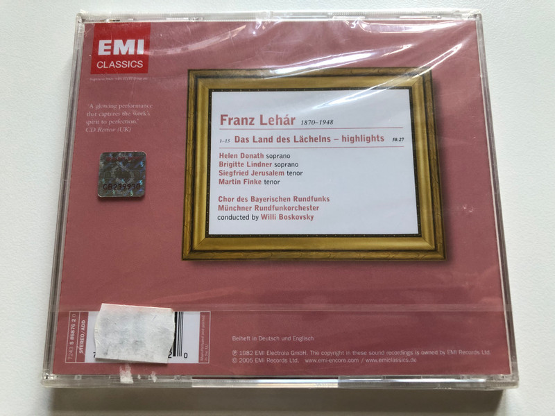 Lehar: Das Land des Lachelns (highlights) - Donath, Lindner, Jerusalem, Finke, Chor des Bayerischen Rundfunks, Willi Boskovsky / EMI Classics Audio CD 2005 Stereo / 724358687620