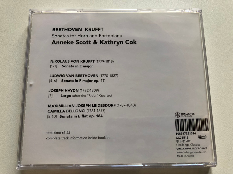 Beethoven, Krufft - Sonatas for Horn and Fortepiano - Anneke Scott & Kathryn Cok / Challenge Classics Audio CD 2011 / CC72515