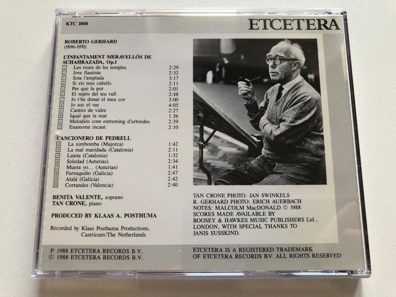 Roberto Gerhard: Schahrazada, Cancionero de Pedrell - Benita Valente, Tan Crone / Etcetera Records Audio CD 1988 / KTC 1060