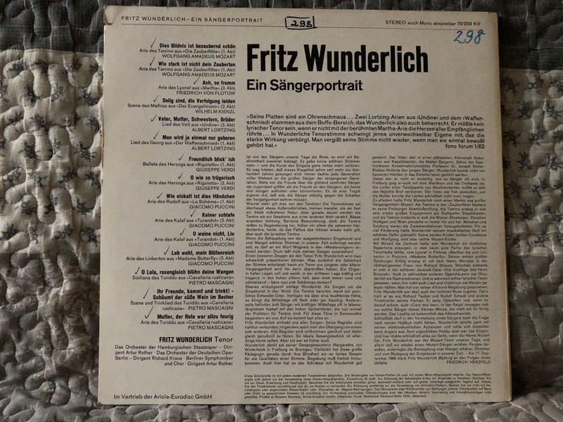 Fritz Wunderlich: Ein Sängerportrait - Mozart: Die Zauberflöte, Flotow: Martha, Kienzl: Der Evangelimann, Lortzing: Undine, Lortzing: Der Waffenschmied, Verdi: Rigoletto, Puccini: La Boheme / Eurodisc LP Stereo / 70 259 KR