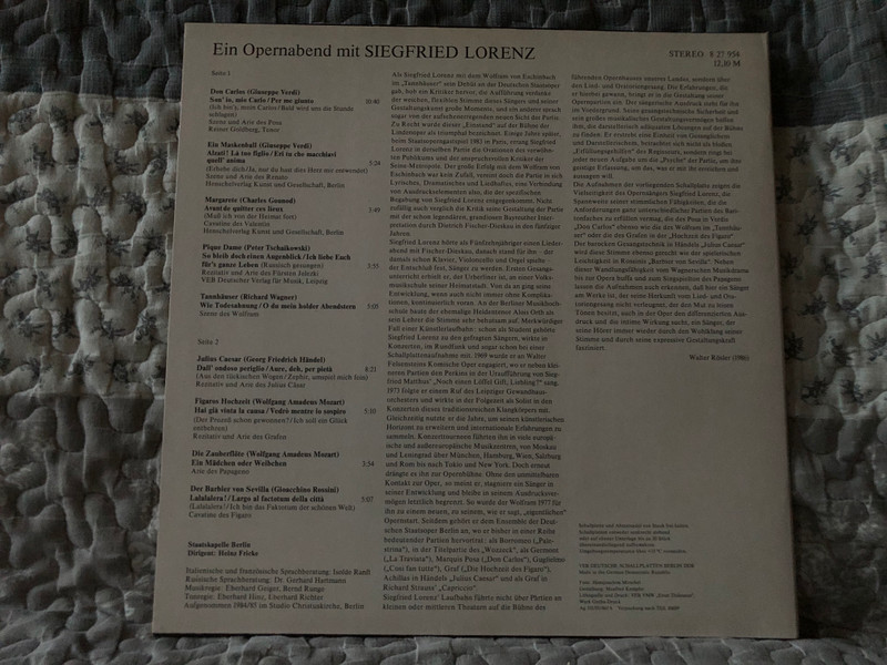 Ein Opernabend Mit Siegried Lorenz: Don Carlos, Ein Maskenball, Margarete, Pique Dame, Tannhäuser, Julius Caesar, Figaros Hochzeit, Die Zauberflöte, Der Barbier Von Sevilla - Staatskapelle Berlin, Heinz Fricke / ETERNA LP Stereo 1986 / 8 27 954