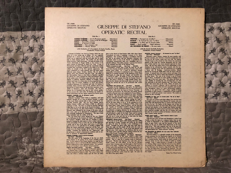 Giuseppe di Stefano: Operatic Recital - Andrea Chenier (Giordano): Un Di All'Azzurro Spazio, Tosca (Puccini): Recondita Armonia, E Lucevan Le Stelle, Turandot (Puccini): Non Piangere. Liu, Nessun Dorma / London Records LP Stereo / OS-25081