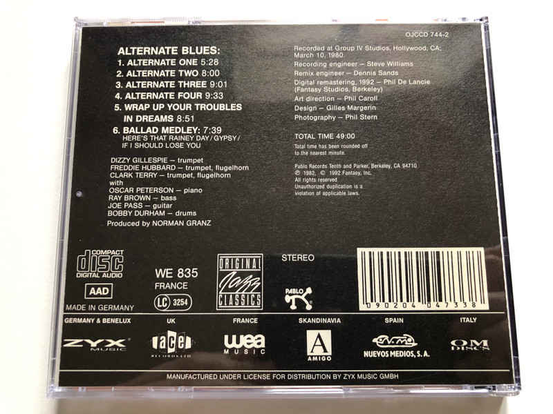 Clark Terry, Freddie Hubbard, Dizzy Gillespie plus Oscar Peterson, Ray Brown, Joe Pass, Bobby Durham – The Alternate Blues / Original Jazz Classics Audio CD 1992 Stereo / OJCCD-744-2