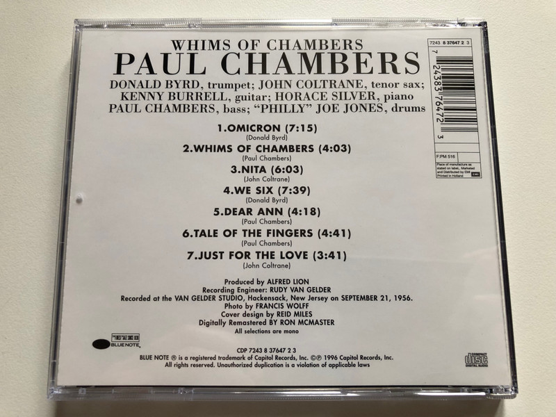 Paul Chambers Sextet: Whims Of Chambers - Donald Byrd, John Coltrane, Kenny Burrell, Horace Silver, Philly Joe Jones / Blue Note Audio CD 1996 / CDP 7243 8 37647 2 3
