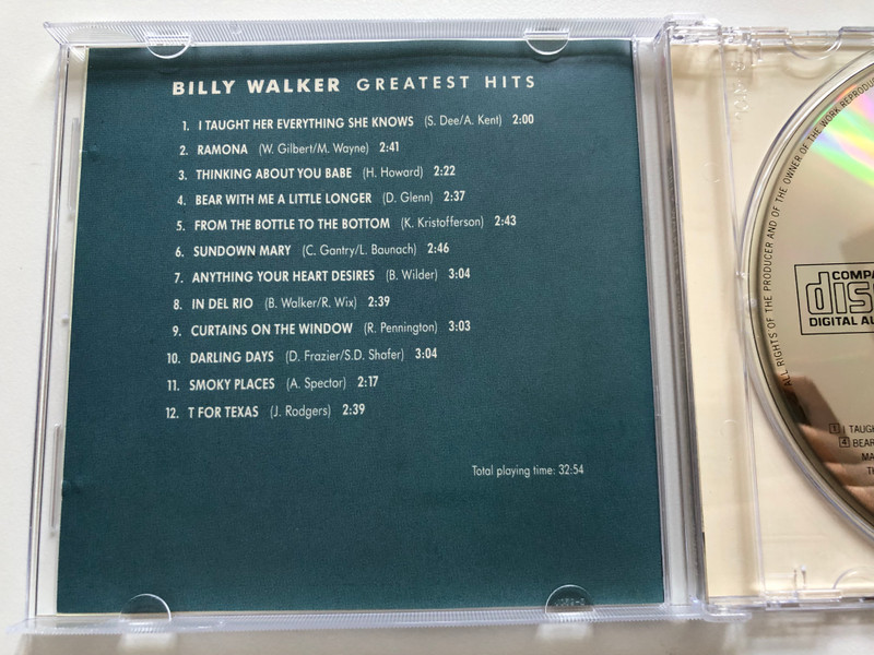 Billy Walker - Greatest Hits / Original Country Recordings / Point Productions Audio CD 1992 / 2620612