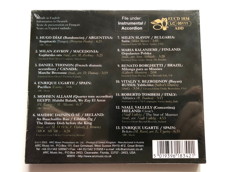 Masters Of The Accordion - Hugo Díaz, Enrique Ugarte, Maidhc Dainín O Sé, Maria Kalaniemi, Renato Borghetti... / ARC Music Audio CD 2003 / EUCD 1834