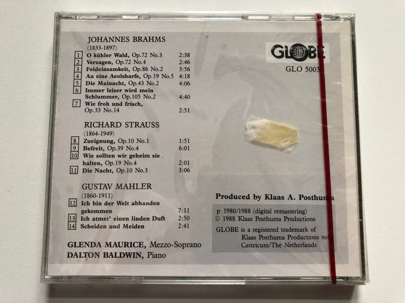 Glenda Maurice, Dalton Baldwin – Songs by Brahms, R. Strauss, Mahler / Globe Audio CD 1988 / GLO 5003