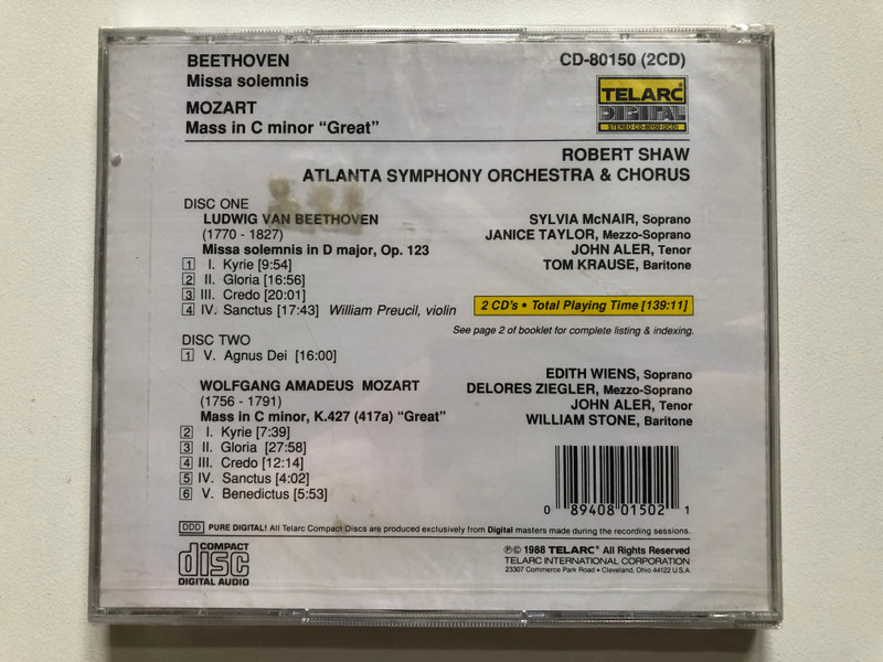 Beethoven: Missa Solemnis In D Major, Op.123 (Sylvia McNair, Janice Taylor, John Aler, Tom Krause), Mozart: Mass In C Minor K.427 "The Great" - Robert Shaw, Atlanta Symphony Orchestra & Chorus / Telarc 2x Audio CD 1988 / CD-80150