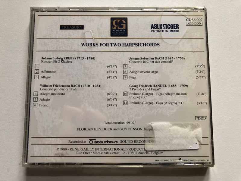 Works For Two Harpsichords - Florian Heyerick and Guy Penson (harpsichords) / Rene Gailly International Productions Audio CD 1989 / CD86 007