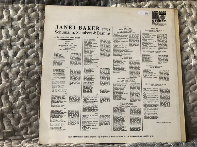 Janet Baker - Schumann: Frauenliebe Und Leben, Schubert: Heimliches Lieben, Minnelied, Die Abgeblühte Linde, Der Musensohn, Brahms: Die Mainacht, Das Mädchen Spricht, Nachtigall / Saga LP Stereo 1972 / 5277