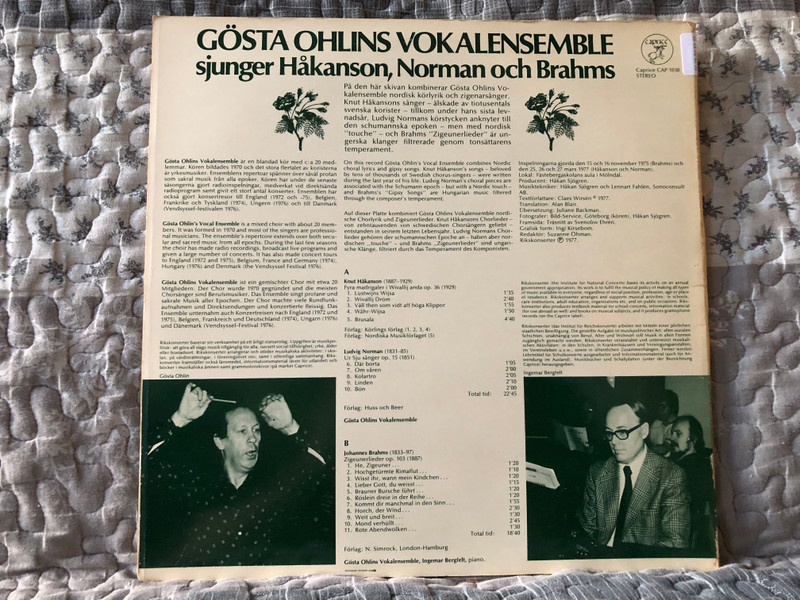 Gösta Ohlins Vokalensemble Sjunger Håkanson, Norman Och Brahms / Caprice Records LP Stereo 1977 / CAP 1038