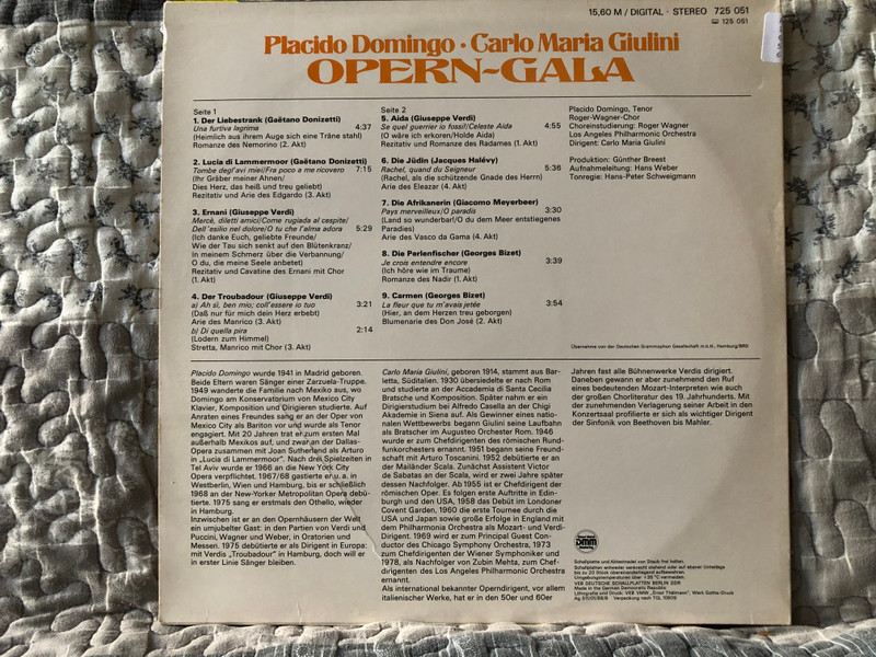 Placido Domingo, Carlo Maria Giulini: Opern-Gala - Lucia di Lammermoor; Der Liebestrank; Ernani; Der Troubadour; Aida; Die Afrikanerin; Die Jüdin; Die Perlenfischer; Carmen - Los Angeles Philharmonic Orchestra / ETERNA LP Stereo 1988 / 725 051