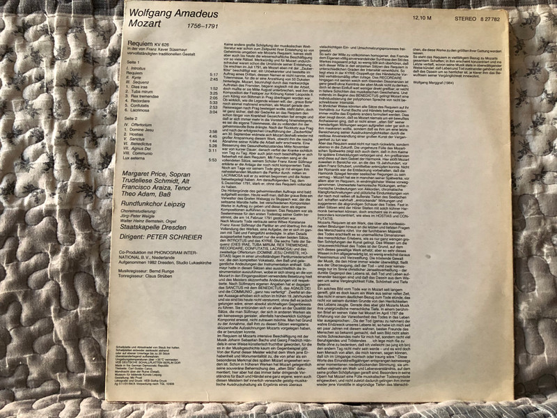 Mozart: Requiem KV 626 - Margaret Price, Trudeliese Schmidt, Francisco Araiza, Theo Adam, Rundfunkchor Leipzig, Staatskapelle Dresden, Peter Schreier / ETERNA Edition / ETERNA LP 1984 Stereo / 8 27 782