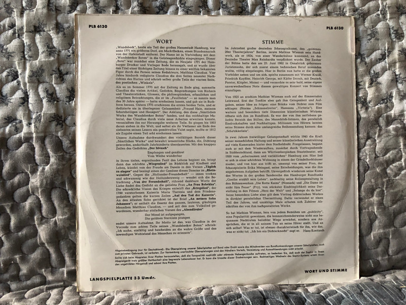 Mathias Wieman - Matthias Claudius: Aus "Sämtlichen Werken Des Wandsbecker Boten" / Wort und Stimme / Telefunken LP / PLB 6130