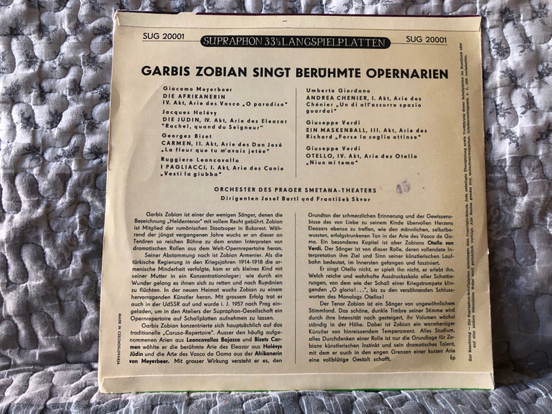 Garbis Zobian – Giacomo Meyerbeer: Die Afrikanerin, Jacques Halévy: Die Judin, Georges Bizet: Carmen, Ruggiero Leoncavallo: I Pagliacci, Umberto Giordano: Andrea Chenier, Giuseppe Verdi: Ein Maskenball, Otello / Supraphon LP / SUG 20001