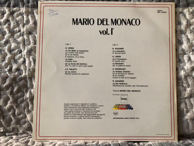 Mario Del Monaco Vol. I° - Celebri pagine da opere di Verdi, Wagner, Giordano, Halevy / Orizzonte / G & G Records LP Stereo / OCL 16223