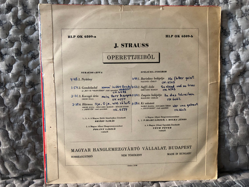 J. Strauss: Dalok És Kettősök - Az "Egy Éj Velencében" A "Denevér" És A "Cigánybáró" C. Operettjeiből - Enekelnek: Orosz Julia, Rasko Magda, Szilvassy Margit, Maleczky Oszkar, Nagypal Laszlo, Rosler Endre, Udvardy Tibor / Qualiton LP / HLP OK 6509