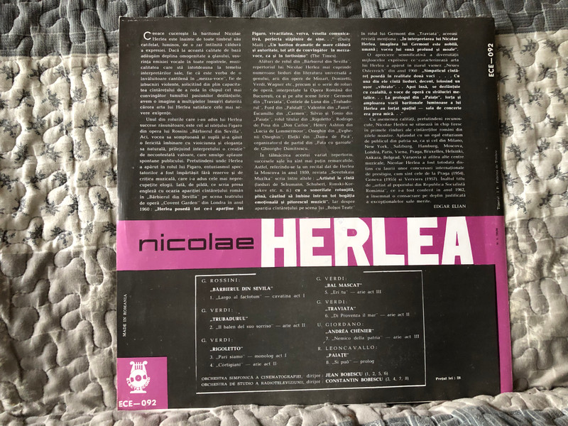 Nicolae Herlea – Arii Din Opere: Bărbierul Din Sevilla, Trubadurul, Rigoletto, Bal Mascat, Traviata, Andrea Chénier, Paiațe / Electrecord LP / ECE-092