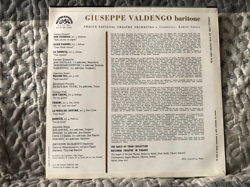 Giuseppe Valdengo: Italian Arias - Donizetti, Rossini, Verdi / Supraphon LP 1964 Mono / SUA 10617