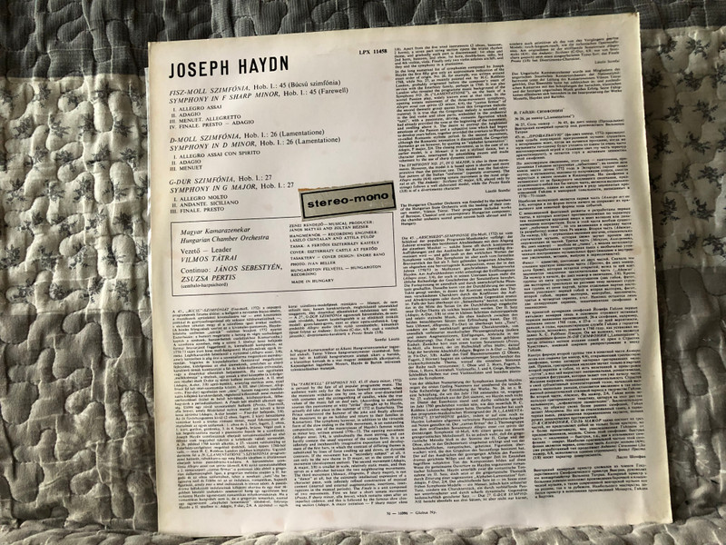 Joseph Haydn: Symphonies: No.45 In F Sharp Minor "Abschied", No.26 In D Minor "Lamentatione", No.27 In G Major - Hungarian Chamber Orchestra, Vilmos Tátrai / Hungaroton LP Stereo, Mono / LPX 11458